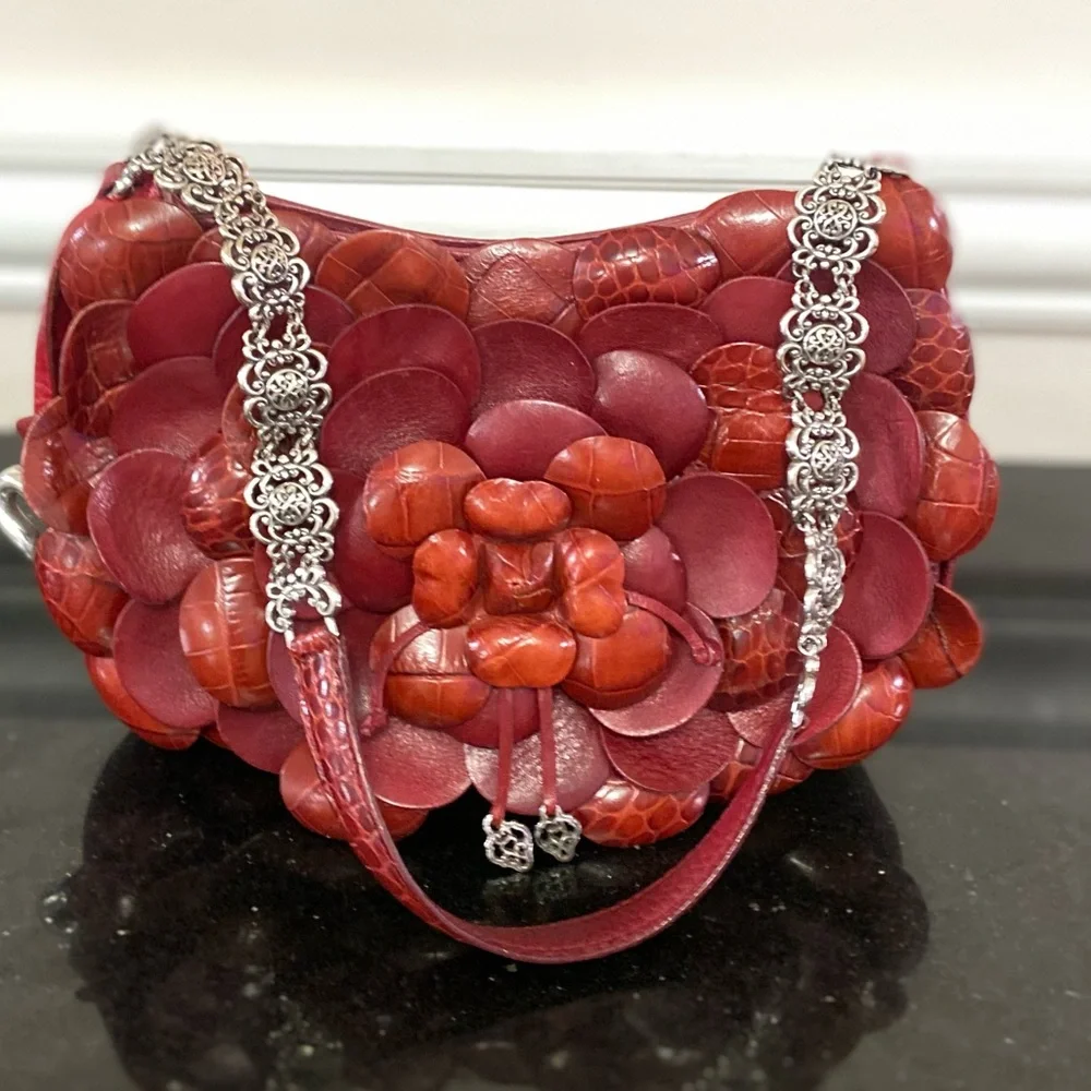 Brighton Rosalie Red Leather Flower Petal Shoulder Bag